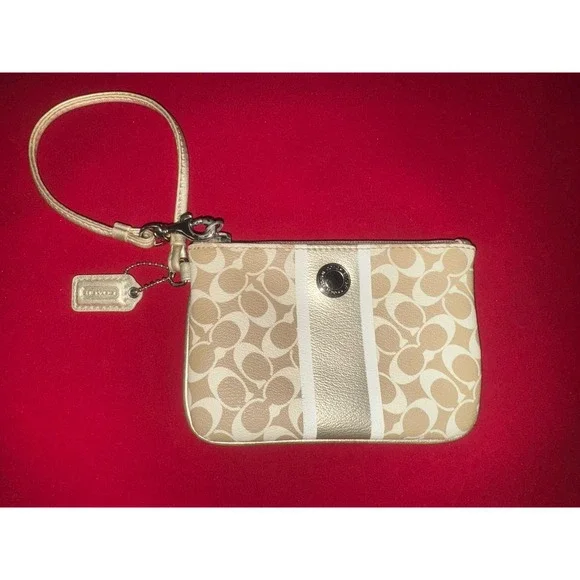 Coach Chelsea Wristlet Wallet Heritage Stripe Khaki/Gold Signature Canvas F43894 - Picture 1 of 8